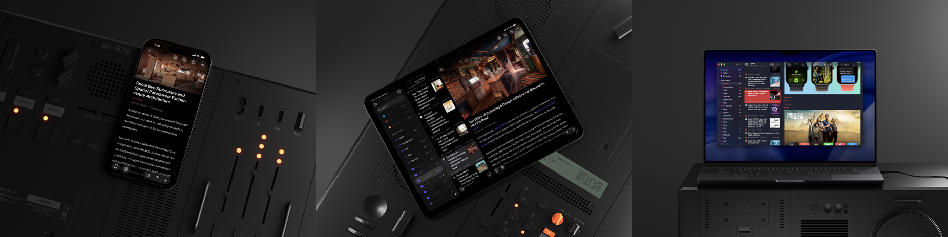 Elytra's timeline and article reader displayed on iPad, iPhone and macOS.
