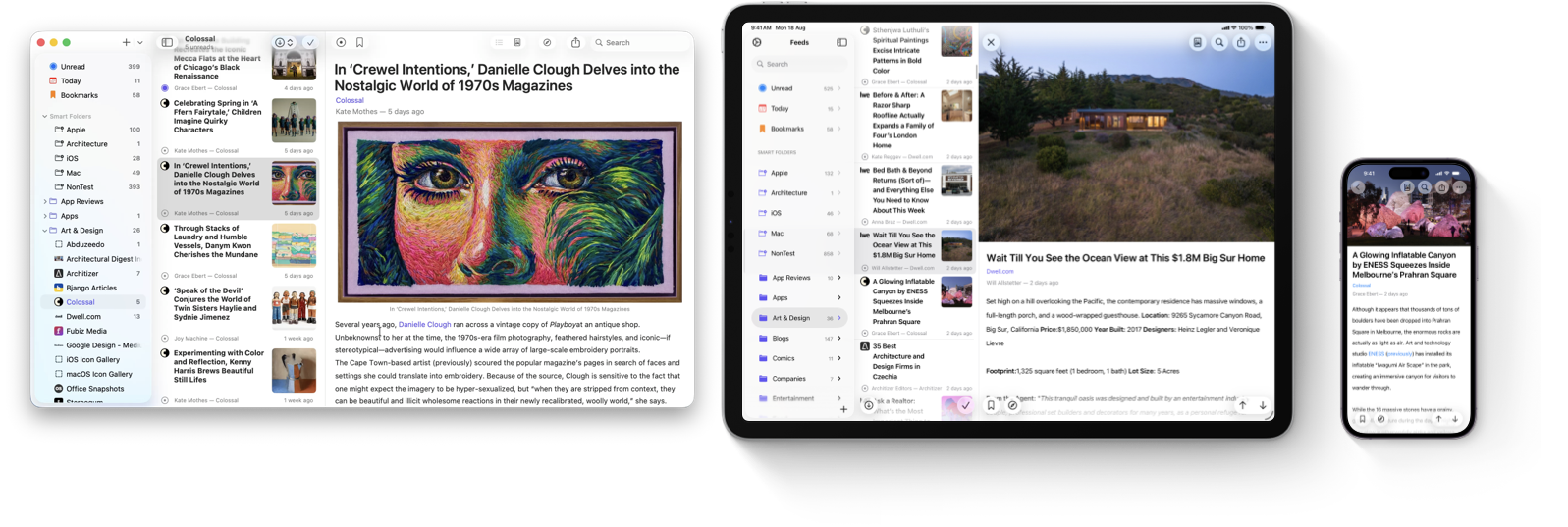 Elytra's timeline and article reader displayed on iPad, iPhone and macOS.
