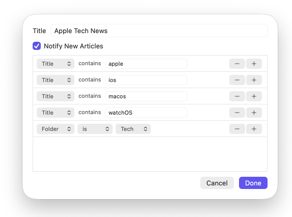 Smart Folder editor window from Elytra for macOS
